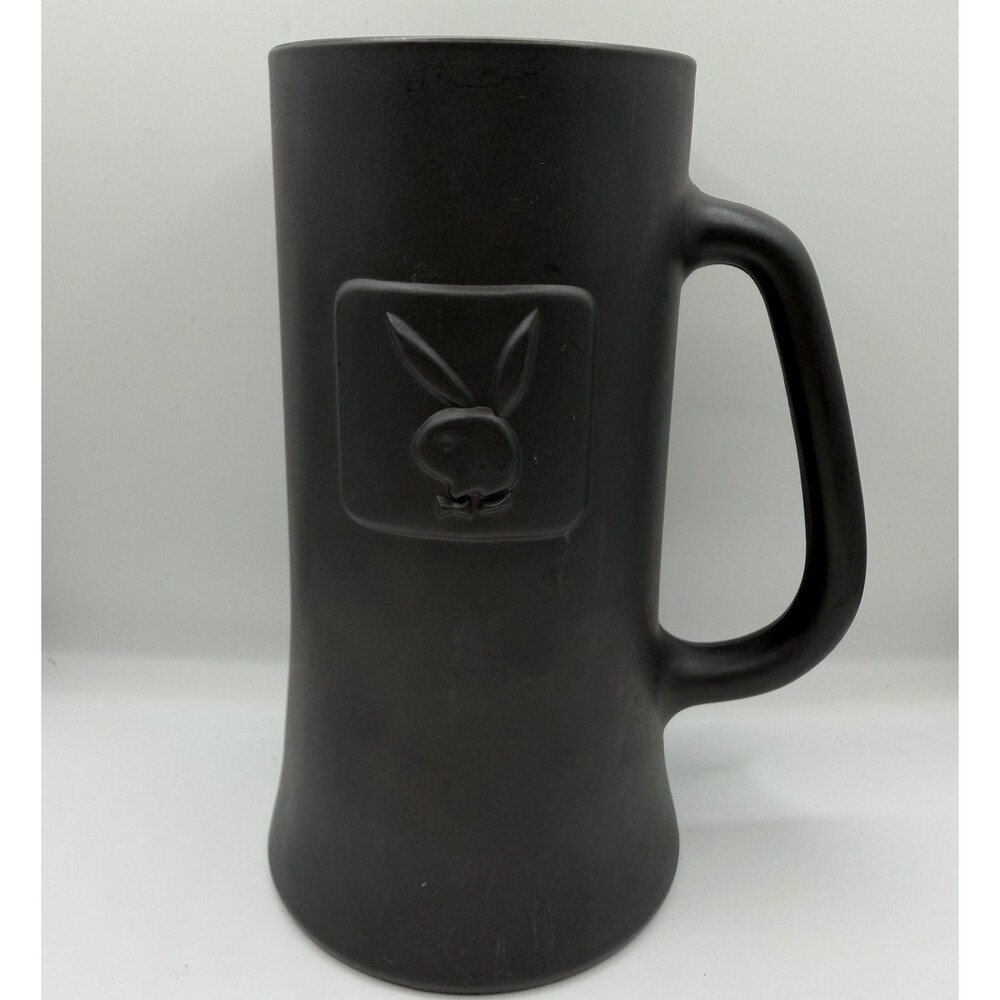 Vintage Playboy Beer Stein Mug Black Matte Glass Embossed Bunny Logo 6.25”